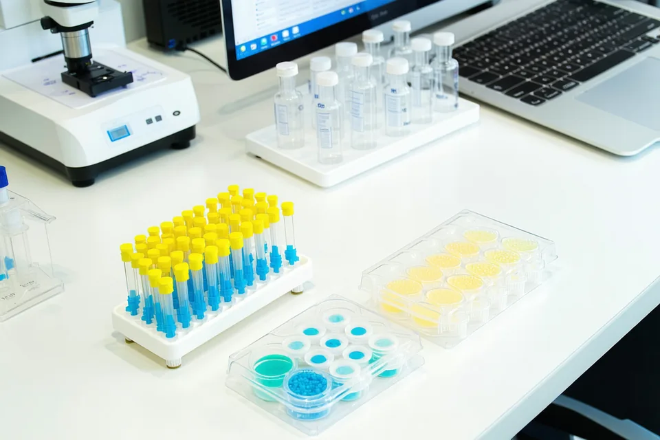Lab bench workspace with pipettes, petri dishes, and laptop — research environment at Innovation Lab 4, Boston