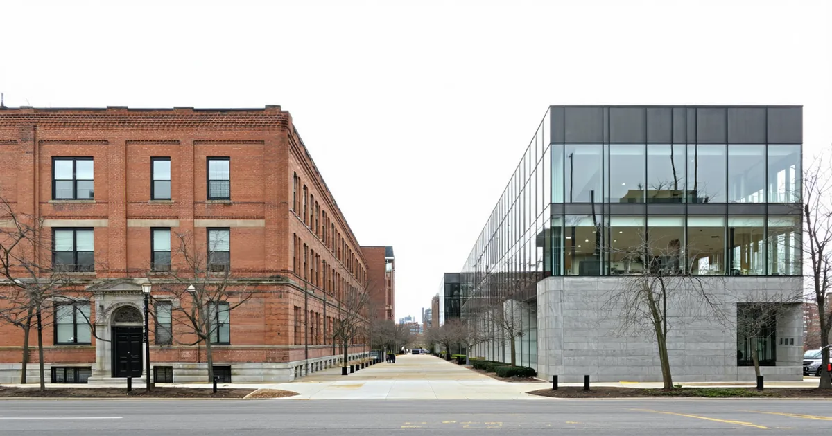 Boston urban research corridor — buildings and street scene near Albany Street medical campus